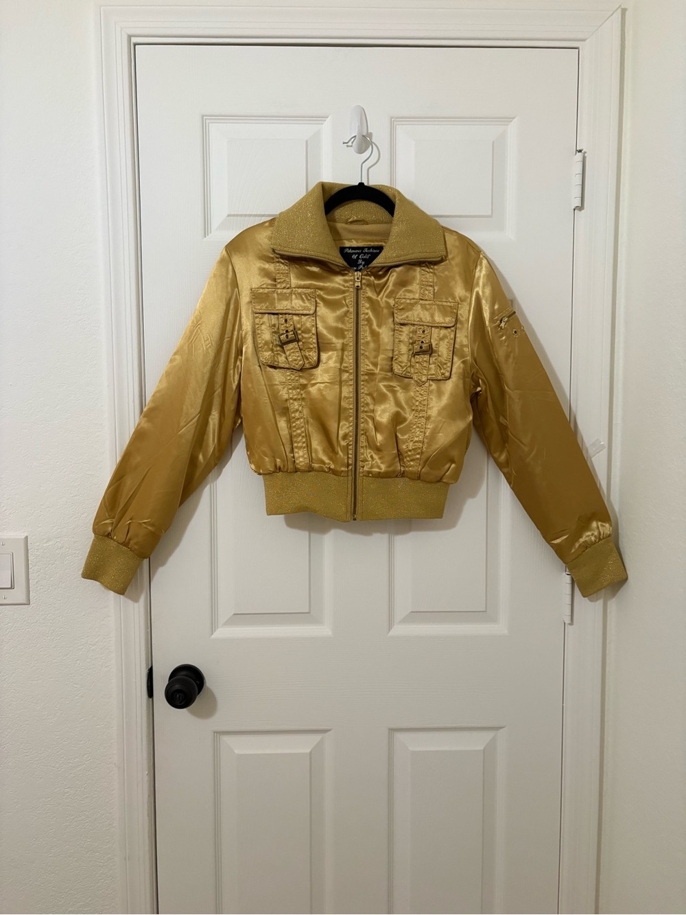Vintage Gold Satin Bomber Jacket - Women's Shiny Zip Front Small